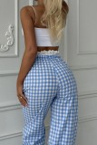 Khaki Casual Daily Plaid Lace Loose High Waist Bottoms