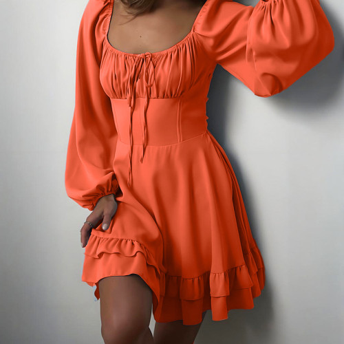 Orange Casual Solid Color Square Neck A Line Dresses
