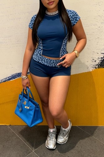 Blue Leopard Print Leopard O Neck Short Sleeve Two Pieces