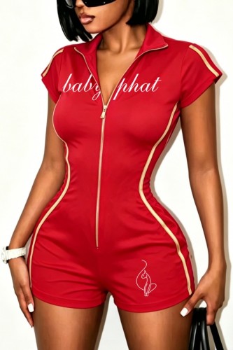 Red Casual Letter Print Zipper Turndown Collar Skinny Rompers