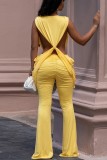 Yellow Sexy Solid Color V Neck Regular Jumpsuits