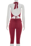 Red Sexy Solid Color V Neck Sleeveless Two Pieces