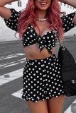 Black Sexy Casual Polka Dot Knotted Flounce Short Sleeve Two Pieces