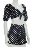 Black Sexy Casual Polka Dot Knotted Flounce Short Sleeve Two Pieces