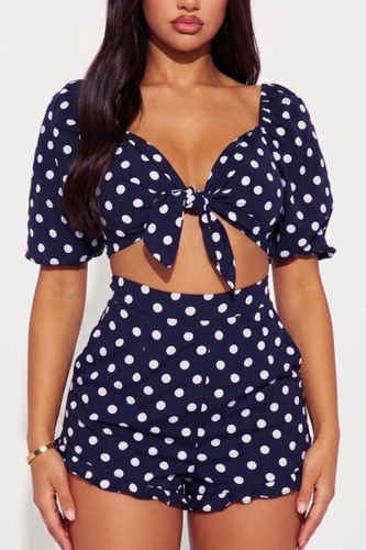 Blue Sexy Casual Polka Dot Knotted Flounce Short Sleeve Two Pieces