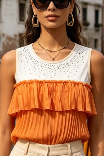 Orange Casual Street Y2k Patchwork Hot Drilling Ruffle O Neck Tops