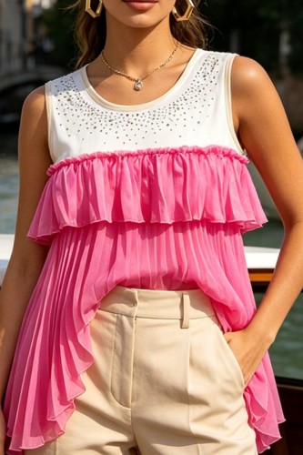 Rose Red Casual Street Y2k Patchwork Hot Drilling Ruffle O Neck Tops