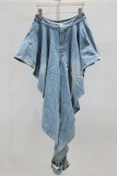 Blue Casual Street Y2k Solid Color Irregular Hem Loose Denim Shorts