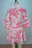 Pink Print Strap Design V Neck A Line Dresses