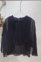 Navy Blue Irregular Pleated Irregular Hem O Neck Tops