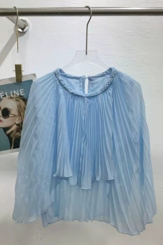 Blue Irregular Pleated Irregular Hem O Neck Tops