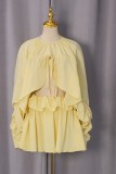 Yellow Sexy Celebrities Solid Color Draw String Lace Up Ruffle O Neck Two Pieces