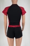 Black Sexy Street Sportswear Patchwork Leopard Print Patchwork Leopard O Neck Short Sleeve Two Pieces
