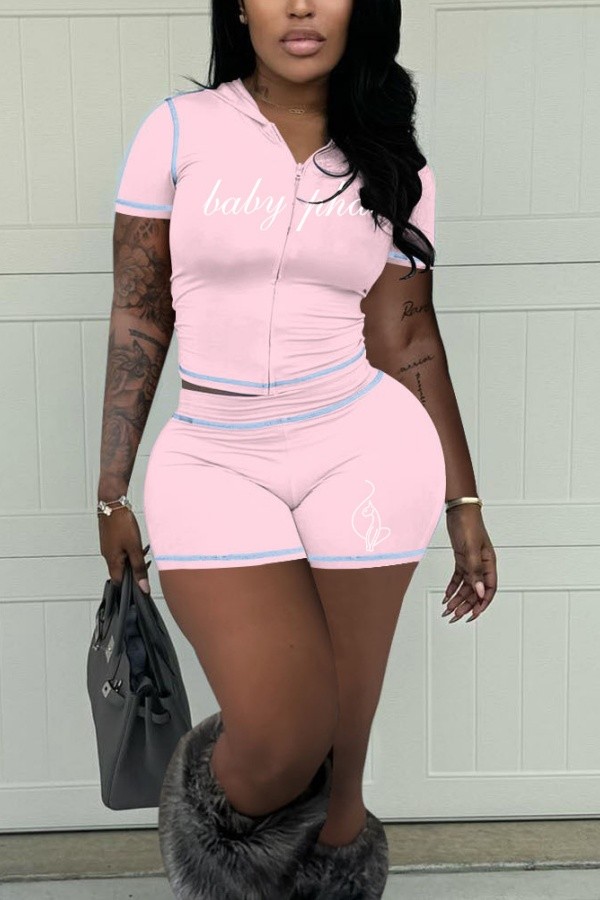 Pink Sexy Casual Sportswear Y2k Zipper Cardigan Contrast Zipper Collar Short Sleeve Two Pieces