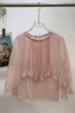Blue Irregular Pleated Irregular Hem O Neck Tops