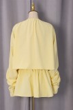 Yellow Sexy Celebrities Solid Color Draw String Lace Up Ruffle O Neck Two Pieces
