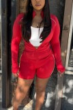 Red Casual Street Sportswear Solid Color Cardigan Zipper Cardigan Collar Long Sleeve Two Pieces