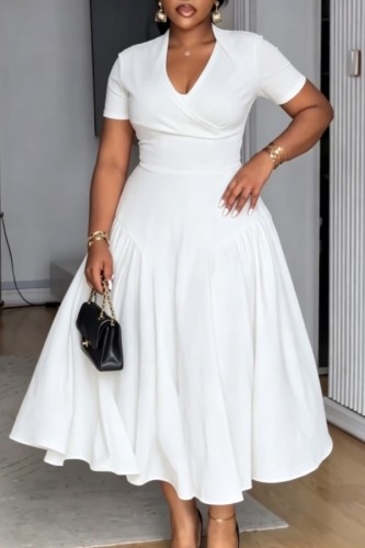 White Plus Size Formal Solid Color V Neck A Line Plus Size Dresses