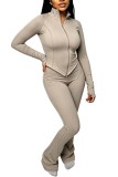 Grey Casual Sportswear Solid Color Cardigan Collar Long Sleeve Two Pieces