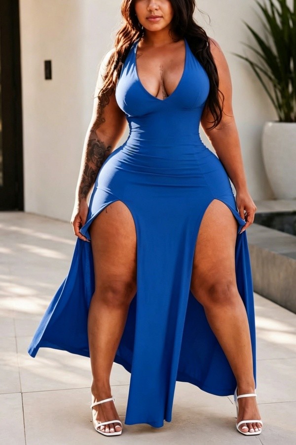 Blue Plus Size Sexy Solid Color V Neck Plus Size Dresses