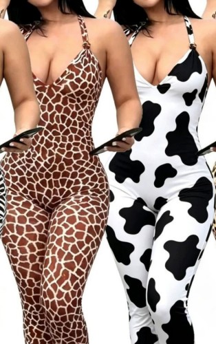 Coffee Sexy Print Backless Halter Skinny Jumpsuits