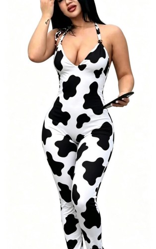 White Sexy Print Backless Halter Skinny Jumpsuits