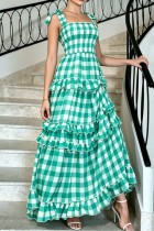 Green Plaid Gingham Print Spaghetti Strap Cake Skirt Dresses