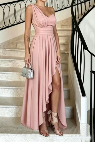 Pink Sexy Party Birthday Solid Color V Neck Off The Shoulder Dresses