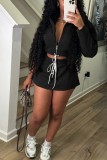 Black Casual Street Sportswear Daily Solid Color V Neck Long Sleeve Two Pieces