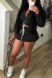 Black Casual Street Sportswear Daily Solid Color V Neck Long Sleeve Two Pieces