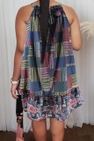Navy Blue Casual Colorblock Print Halter A Line Dresses