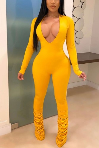 Yellow Sexy Daily Party Solid Color V Neck Skinny Jumpsuits