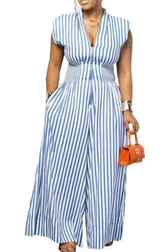 Blue Casual Street Daily Stripe V Neck Regular Jumpsuits
