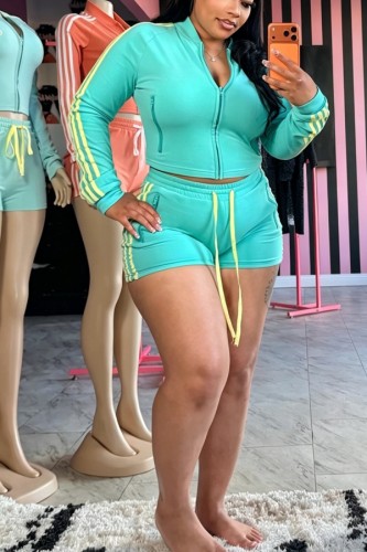 Cyan Sexy Street Sportswear Daily Stripe Draw String Long Sleeve Two Pieces