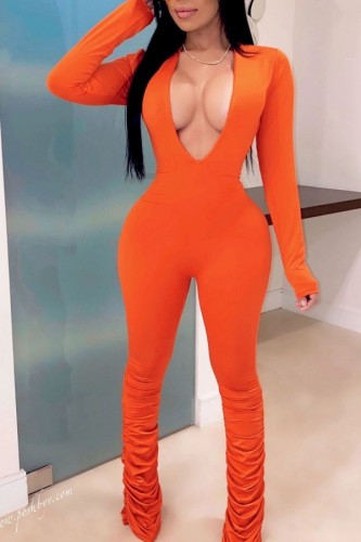 Orange Sexy Daily Party Solid Color V Neck Skinny Jumpsuits