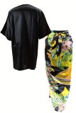 Black Sexy Casual Street Party Bohemian Patchwork Irregular Printed O Neck Half Sleeve Two Pieces