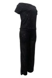 Black Sexy Street Y2k Solid Color O Neck Short Sleeve Two Pieces
