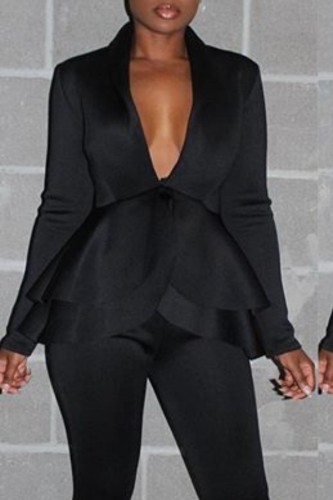 Black Business Wear Daily Solid Color V Neck Long Sleeve Two Pieces