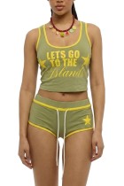 Green Casual Street Sportswear Letter Print Vests Sleeveless Two Pieces