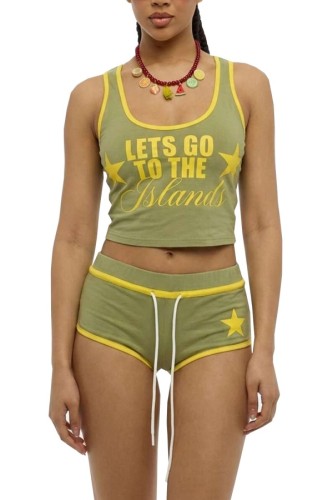 Green Casual Street Sportswear Letter Print Vests Sleeveless Two Pieces