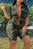 Army Green Casual Sportswear Y2k Cutout Camouflage Print Capris Two Lapel Straight Rompers