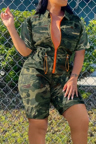 Army Green Casual Sportswear Y2k Cutout Camouflage Print Capris Two Lapel Straight Rompers
