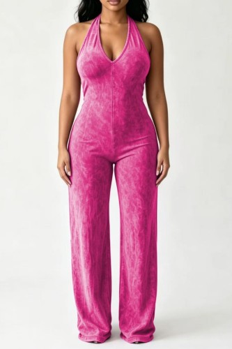 Rose Red Sexy Casual Street Sportswear Y2k Solid Color Hollow Out Backless Halter Loose Jumpsuits