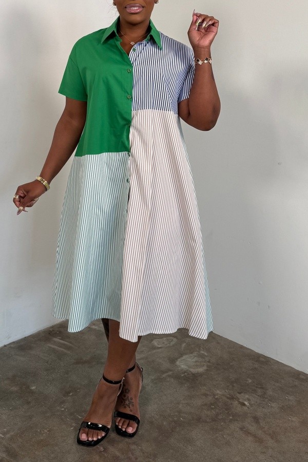 Green Casual Sportswear Daily Y2k Stripe Patchwork Shirt Collar Shirt Dresses