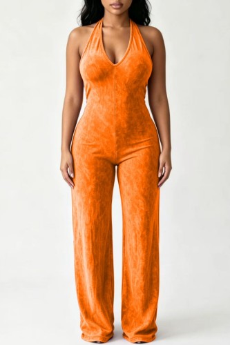 Orange Sexy Casual Street Sportswear Y2k Solid Color Hollow Out Backless Halter Loose Jumpsuits