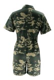 Army Green Casual Sportswear Y2k Cutout Camouflage Print Capris Two Lapel Straight Rompers