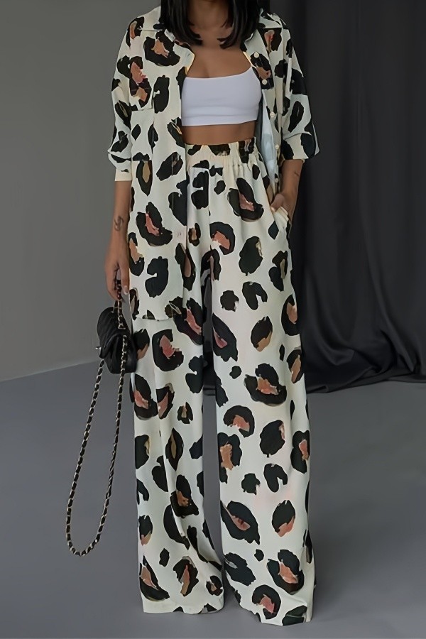 Black Sexy Casual Daily Leopard Print Leopard Cardigan Collar Long Sleeve Two Pieces