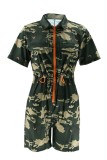 Army Green Casual Sportswear Y2k Cutout Camouflage Print Capris Two Lapel Straight Rompers