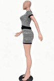Black Casual Business Wear Sportswear Daily Y2k Stripe V Neck Two Pieces