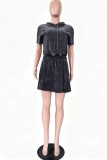 Black Casual Street Sportswear Daily Hooded Short Sleeve Two Pieces